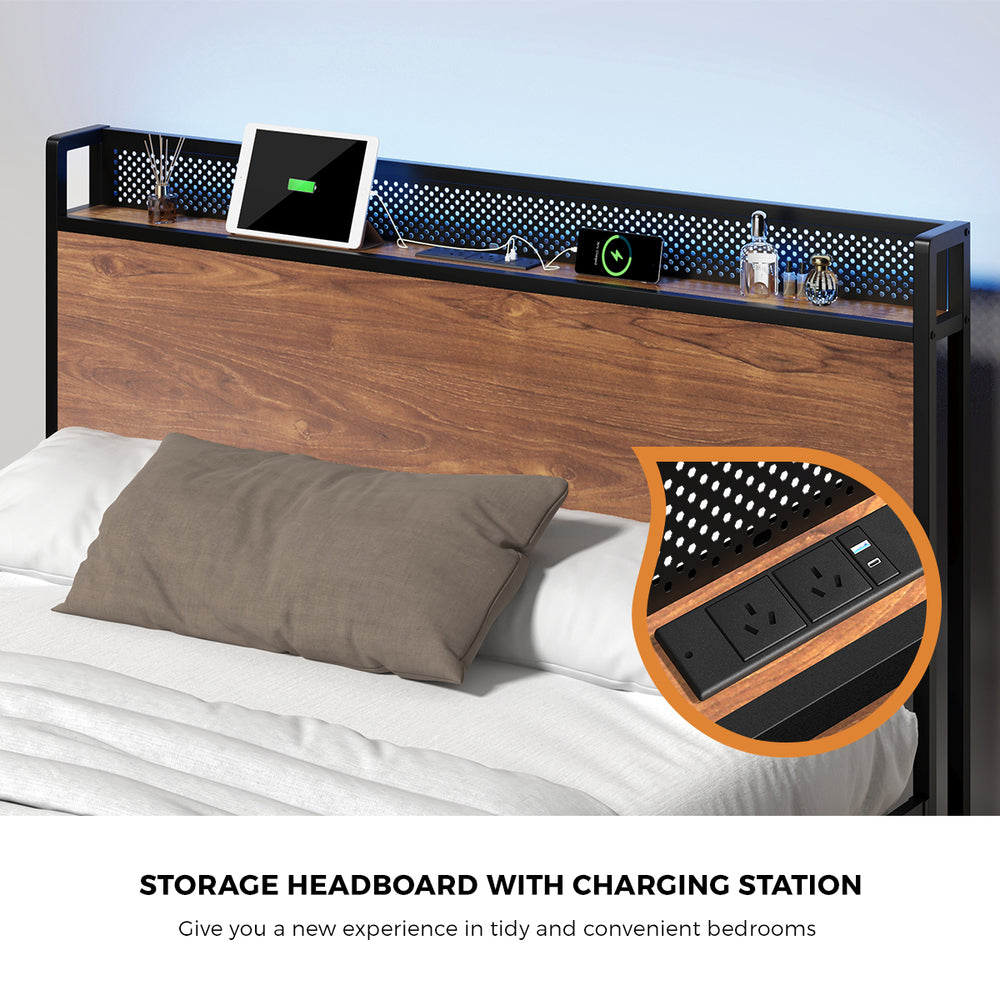 Oikiture Metal Bed Frame Queen Size LED USB Charge Storage Headboard