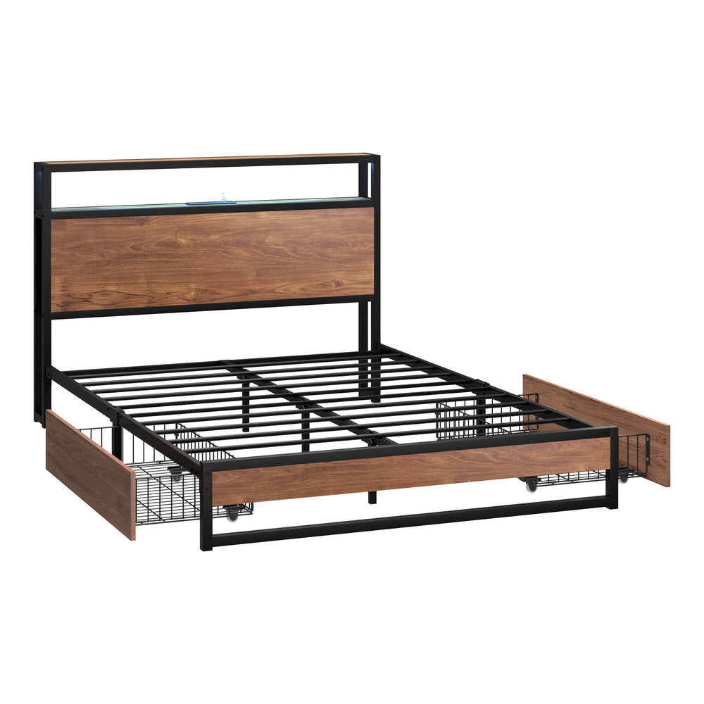 Oikiture Metal Bed Frame Double LED Storage Headboard USB Charging & 2 Drawers