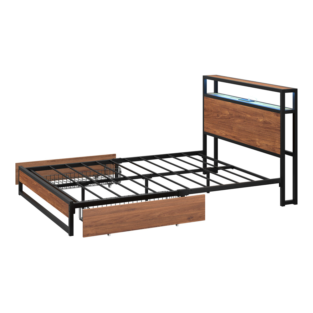 Oikiture Metal Bed Frame Double LED Storage Headboard USB Charging & 2 Drawers