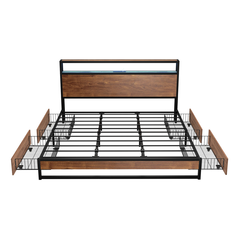 Oikiture Metal Bed Frame King LED Storage Headboard USB Charging & 4 Drawers