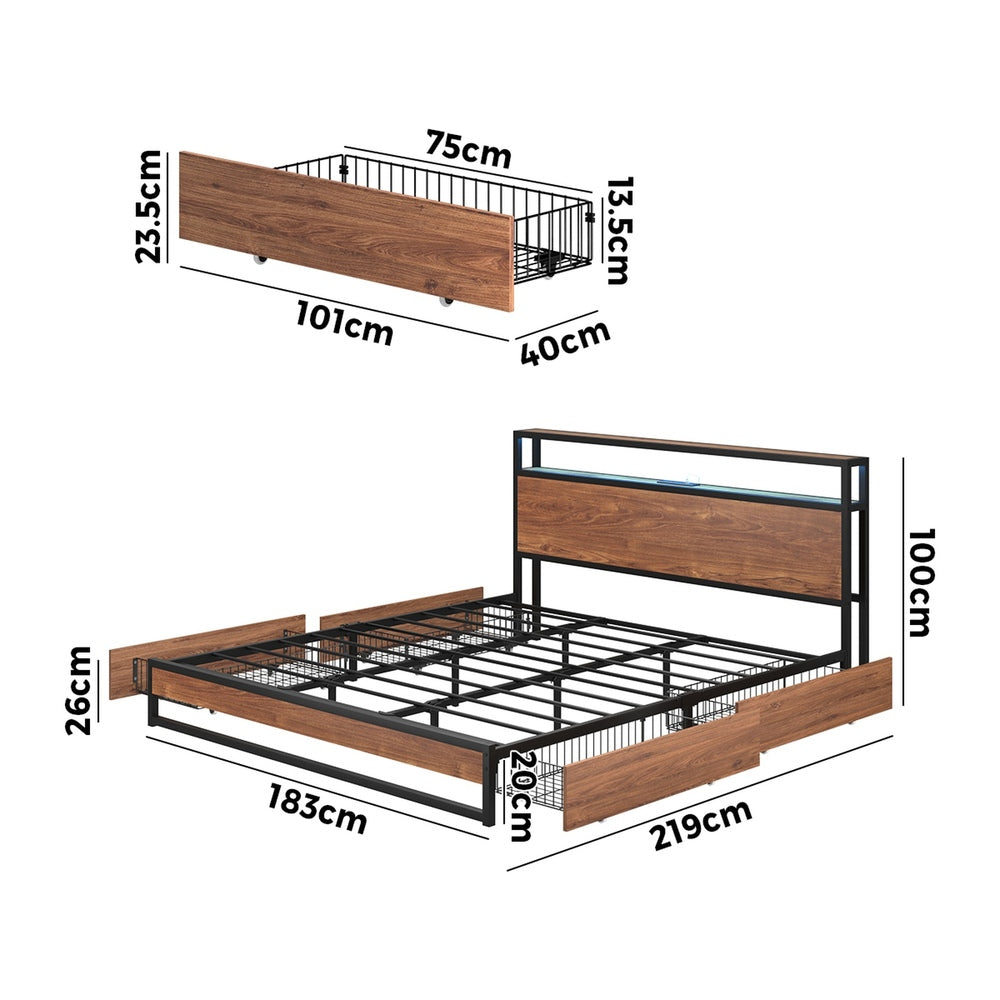 Oikiture Metal Bed Frame King LED Storage Headboard USB Charging & 4 Drawers