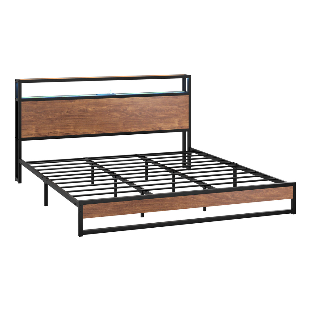 Oikiture Metal Bed Frame King Size LED Storage Headboard USB Charge