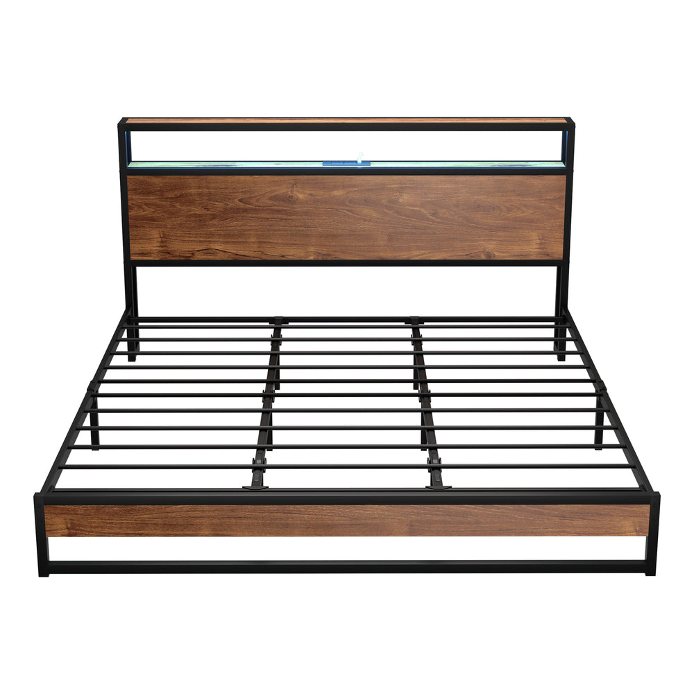 Oikiture Metal Bed Frame King Size LED Storage Headboard USB Charge