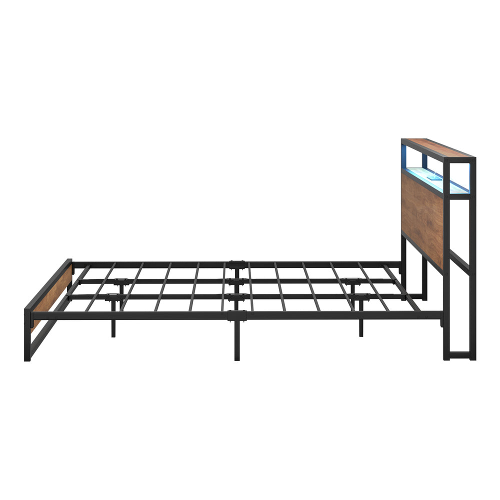 Oikiture Metal Bed Frame King Size LED Storage Headboard USB Charge