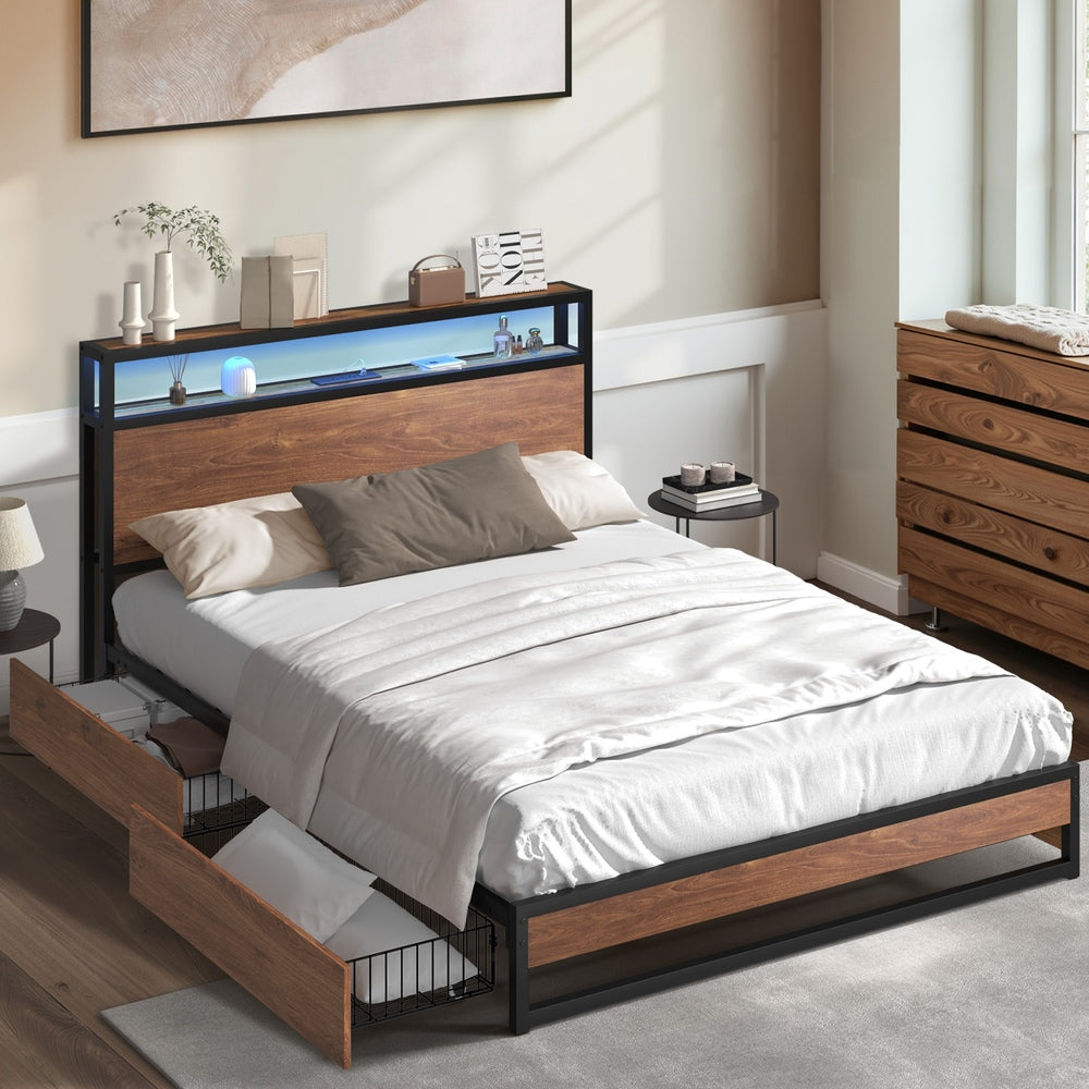 Oikiture Metal Bed Frame Queen LED Storage Headboard USB Charging & 4 Drawers