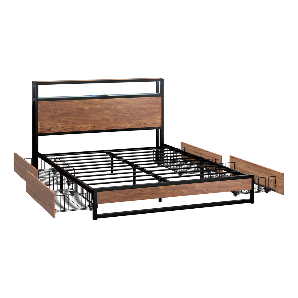 Oikiture Metal Bed Frame Queen LED Storage Headboard USB Charging & 4 Drawers