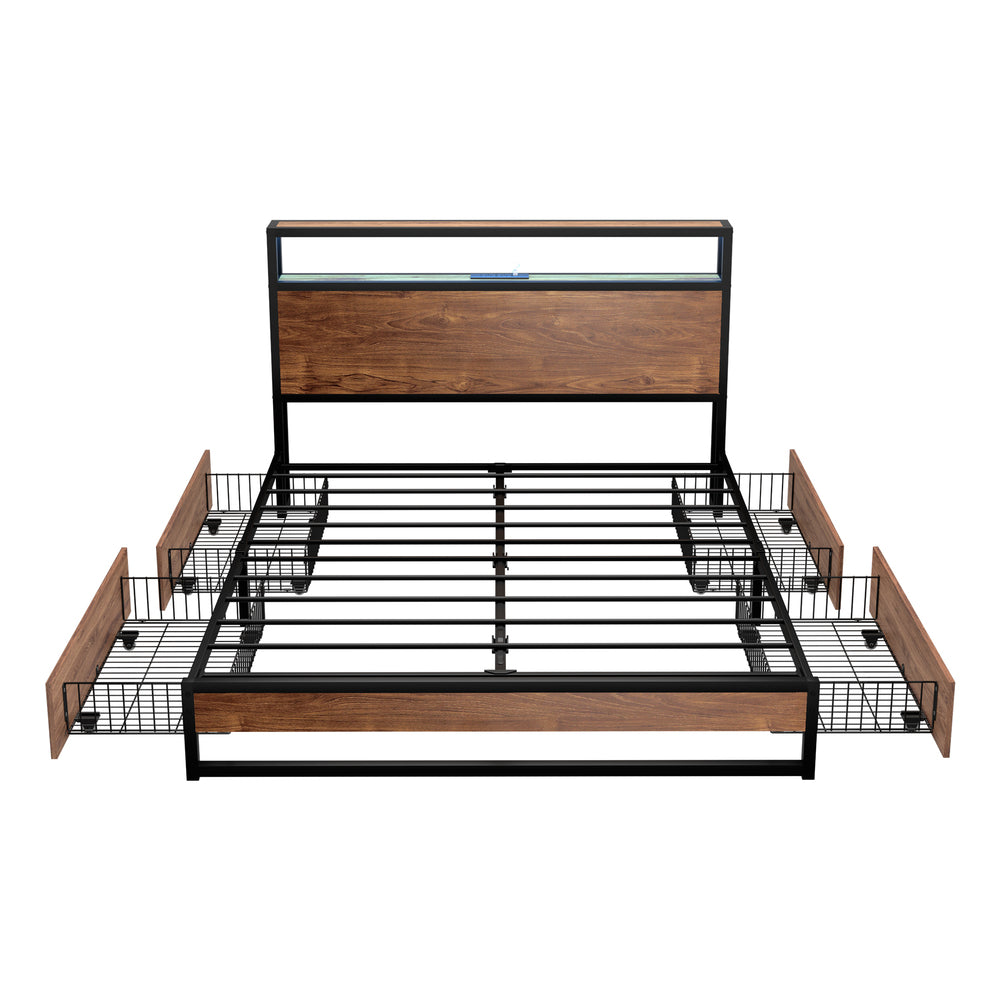 Oikiture Metal Bed Frame Queen LED Storage Headboard USB Charging & 4 Drawers