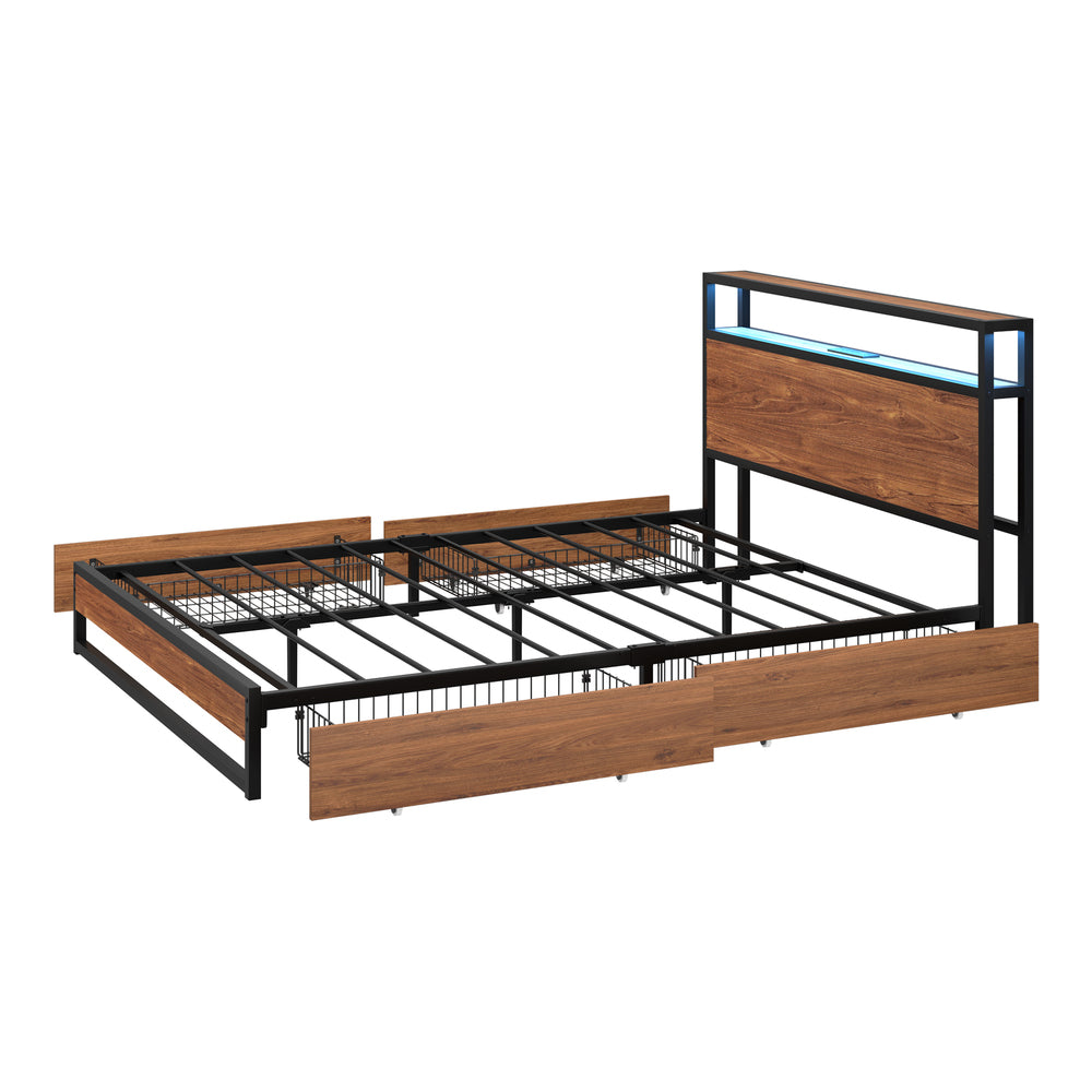 Oikiture Metal Bed Frame Queen LED Storage Headboard USB Charging & 4 Drawers