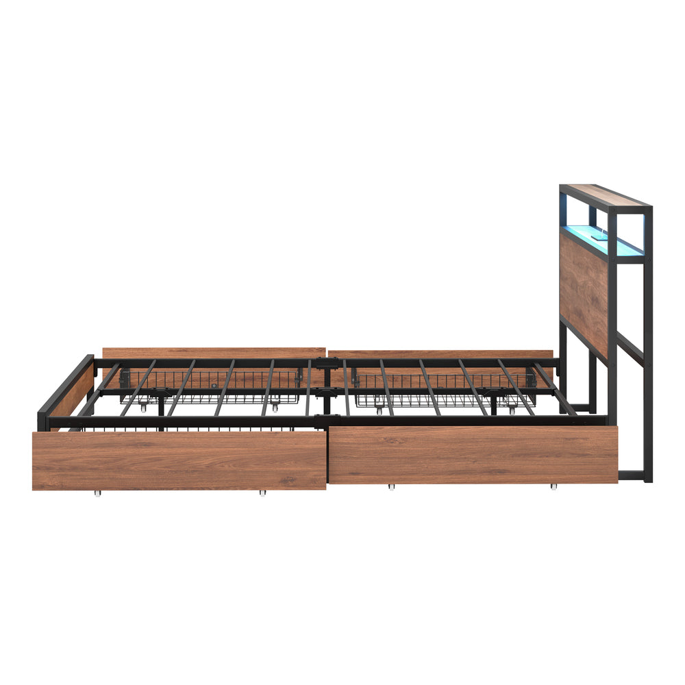 Oikiture Metal Bed Frame Queen LED Storage Headboard USB Charging & 4 Drawers