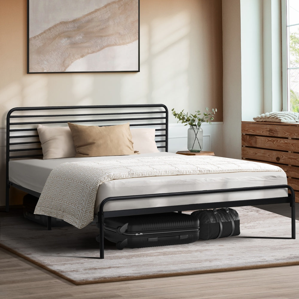 Oikiture Queen Metal Bed Frame Railing-style Black