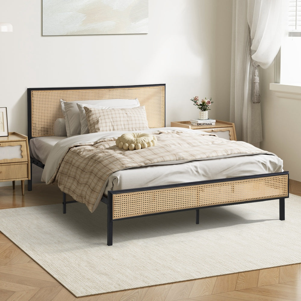 Oikiture Metal Bed Frame King Single Size with Rattan Board