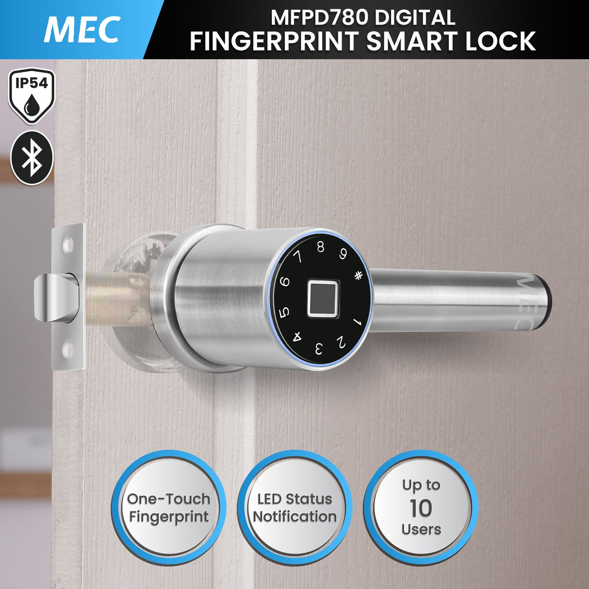 MEC Digital Fingerprint Smart Auto Lock with One-Touch Verification Anti-Panic Exit Bluetooth A