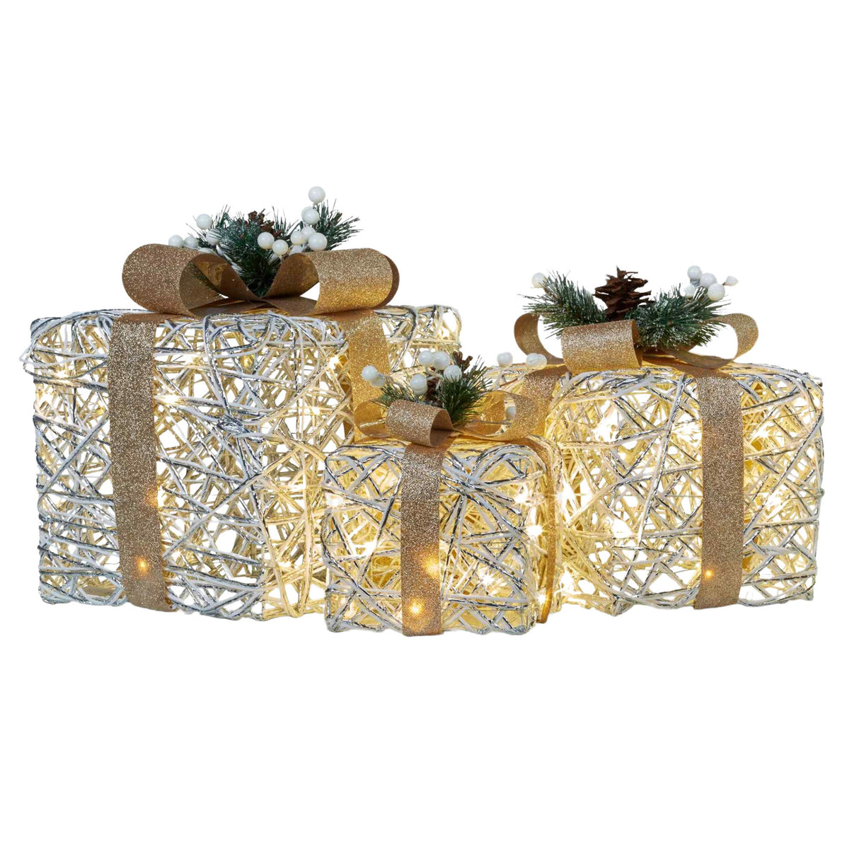 3 Piece Christmas Present Display Set with Lights & Gold Bows