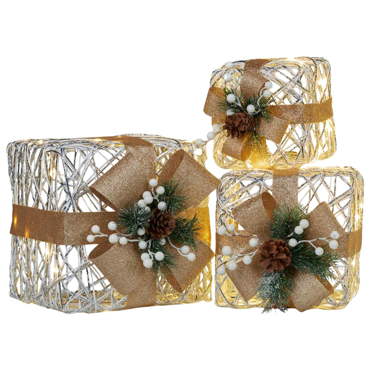 3 Piece Christmas Present Display Set with Lights & Gold Bows
