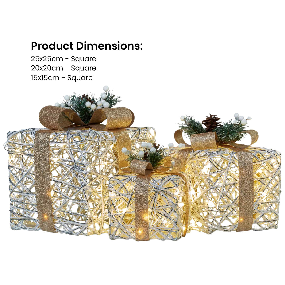 3 Piece Christmas Present Display Set with Lights & Gold Bows