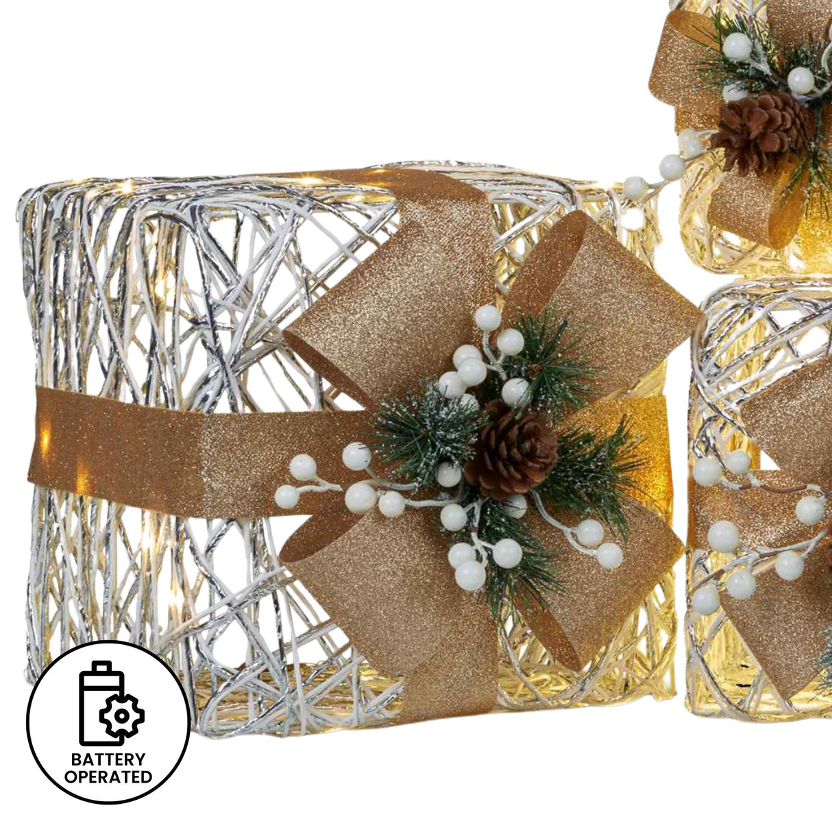 3 Piece Christmas Present Display Set with Lights & Gold Bows