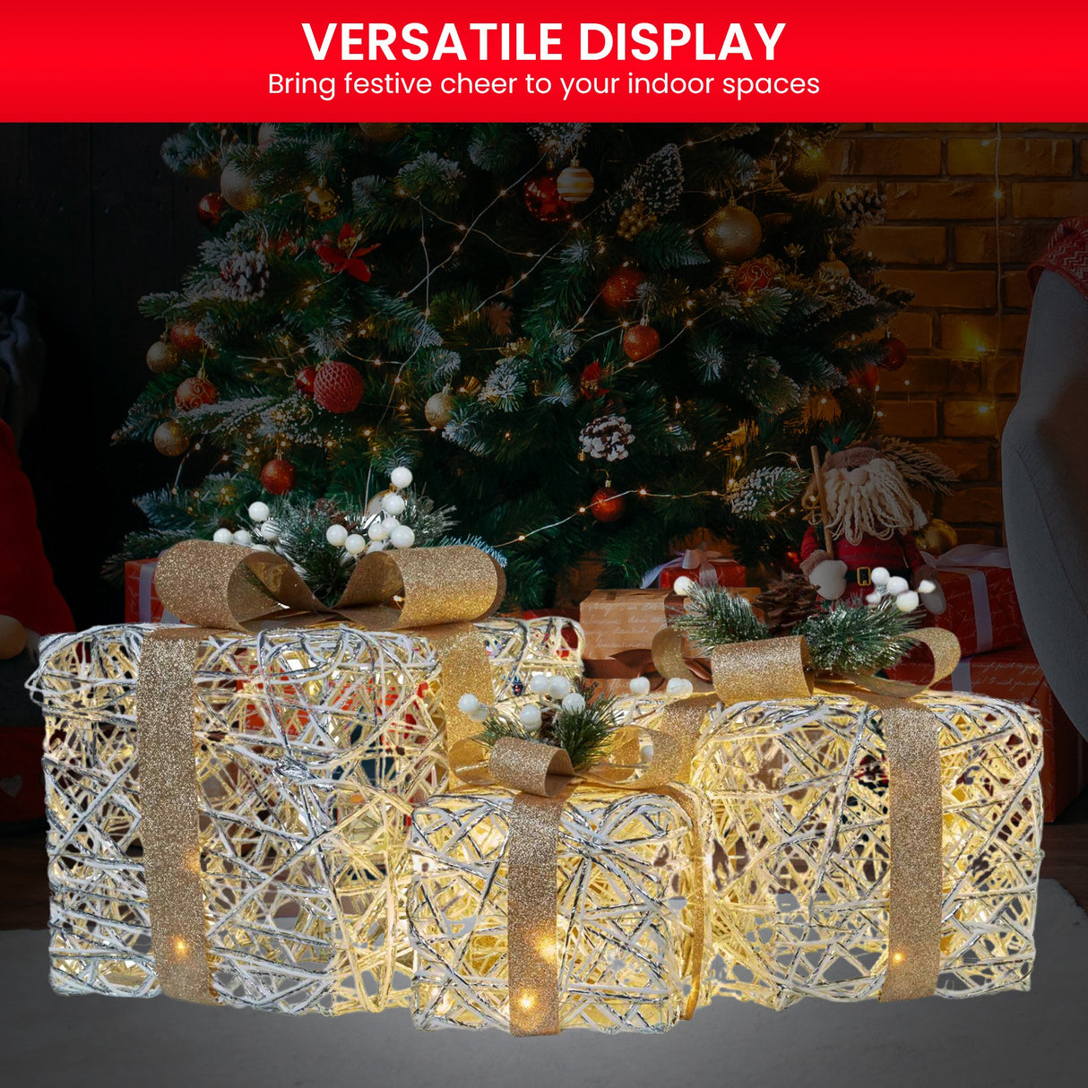 3 Piece Christmas Present Display Set with Lights & Gold Bows