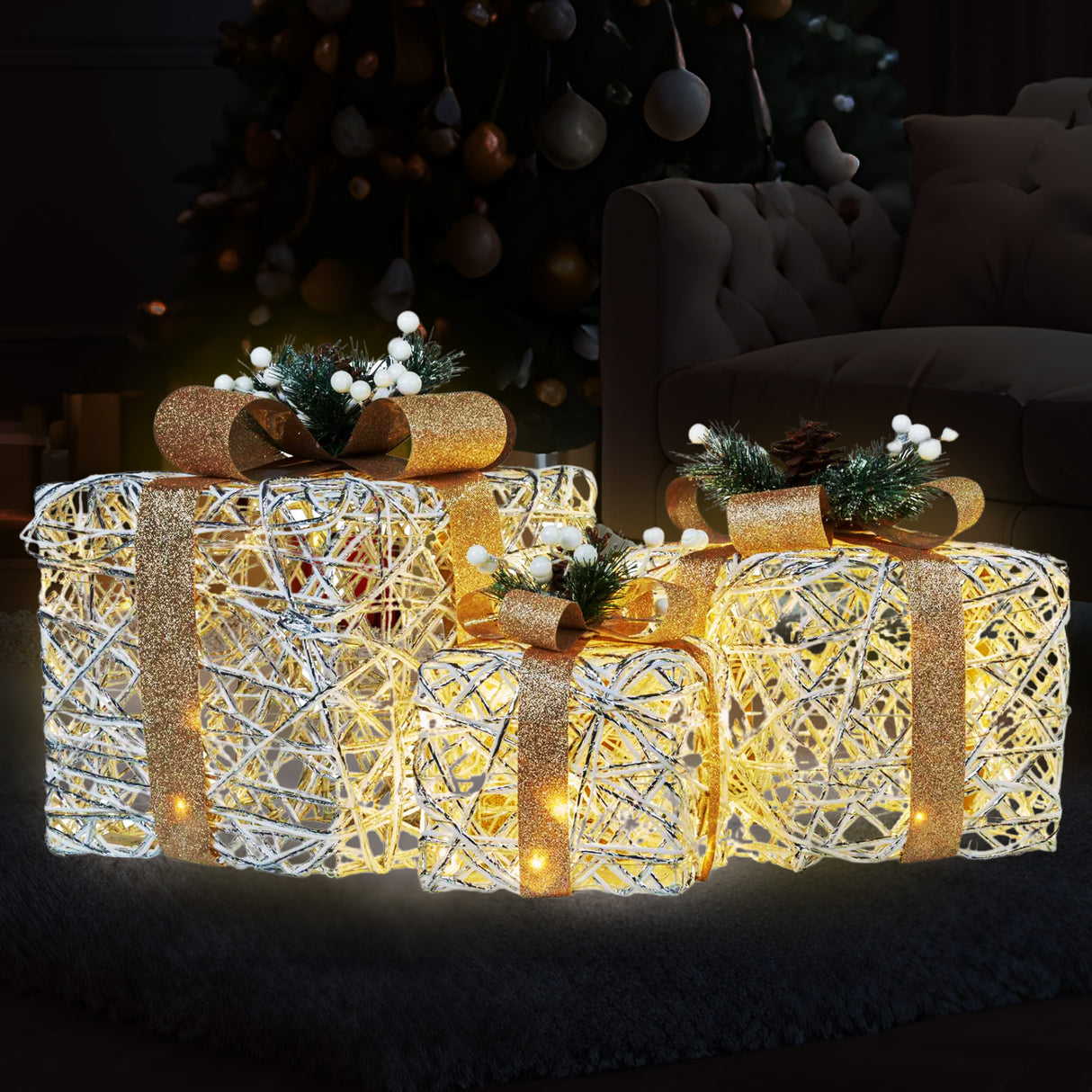 3 Piece Christmas Present Display Set with Lights & Gold Bows