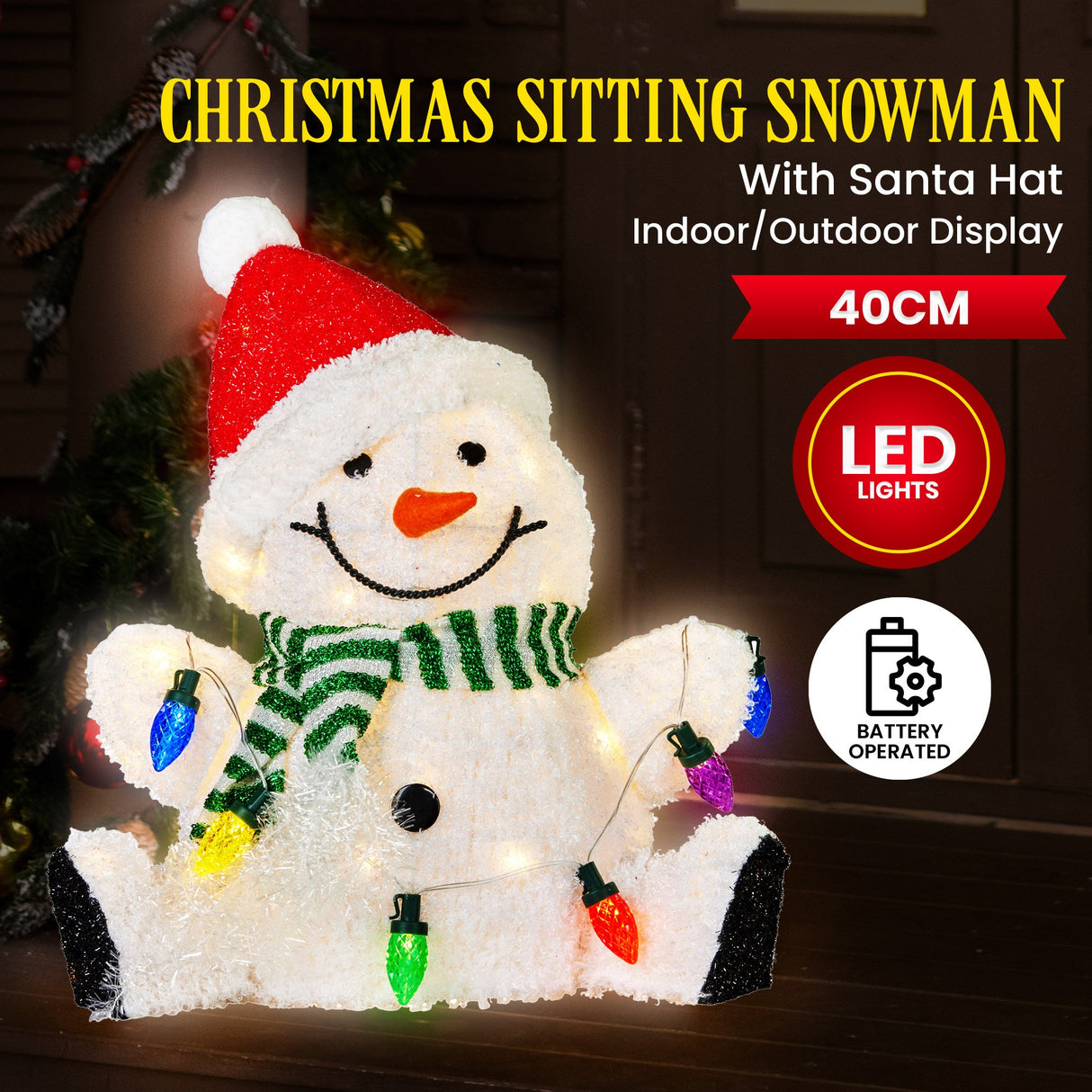 Christabelle Sitting Christmas Snowman Display with Lights - 40cm