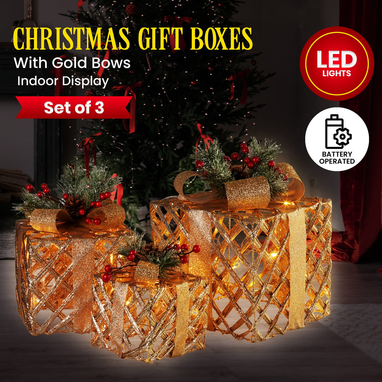 Christabelle Set of 3 Christmas Gift Boxes Display With Lights in Champagne and Gold