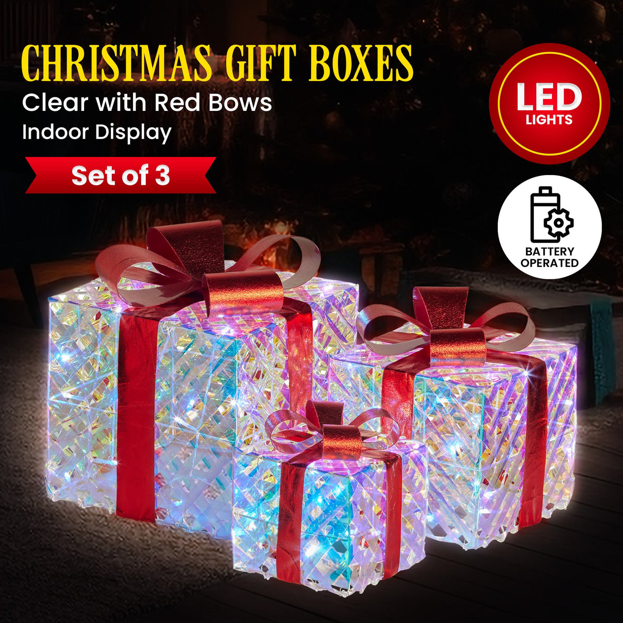 Christabelle Set of 3 Christmas Gift Boxes Display With Lights in Clear Shimmer and Red