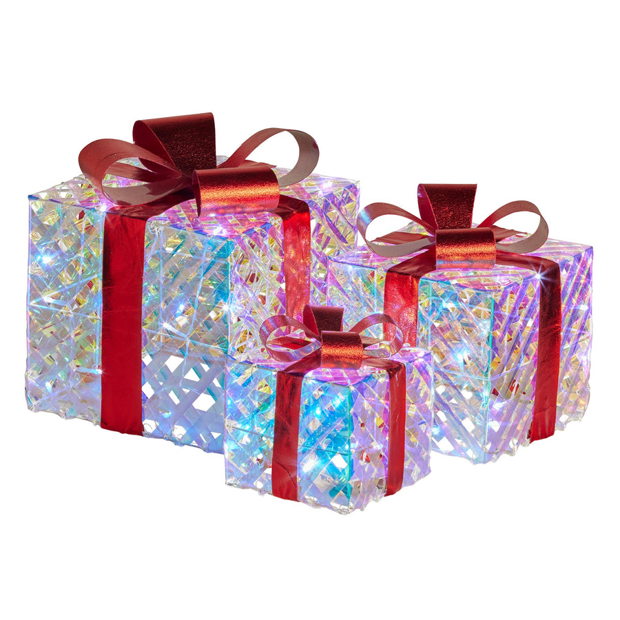 Christabelle Set of 3 Christmas Gift Boxes Display With Lights in Clear Shimmer and Red