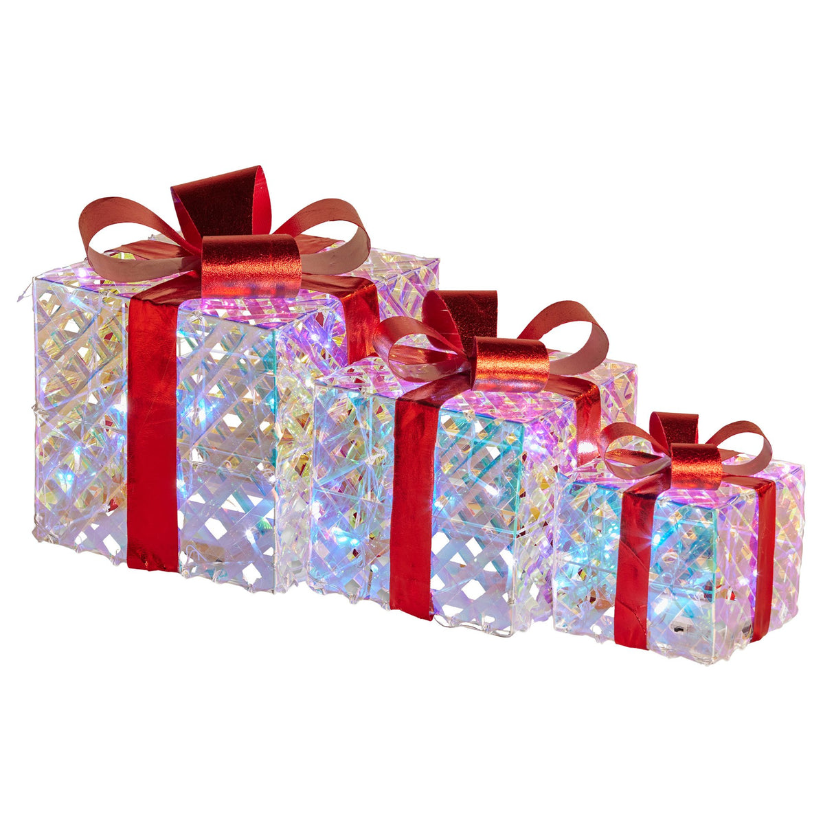 Christabelle Set of 3 Christmas Gift Boxes Display With Lights in Clear Shimmer and Red