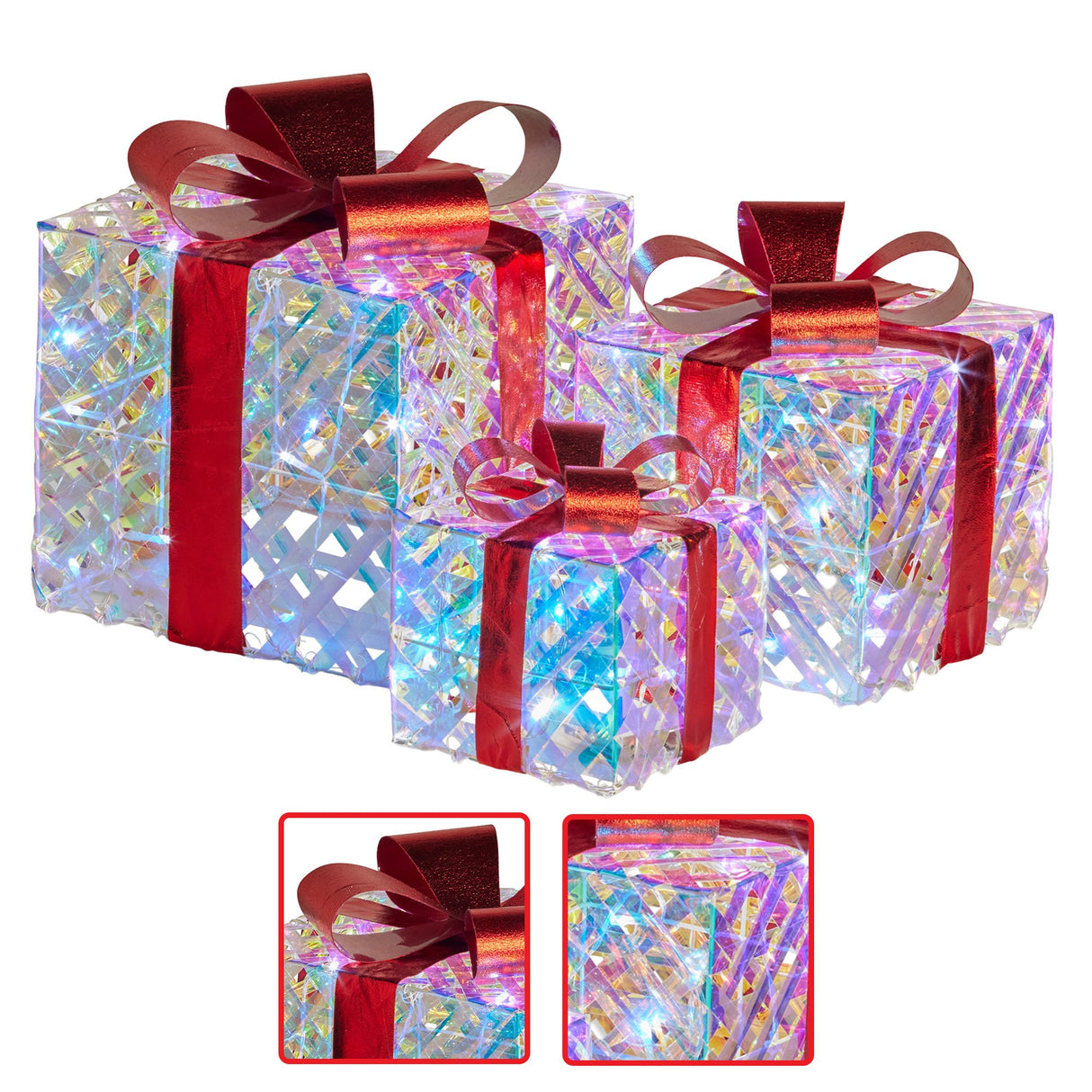 Christabelle Set of 3 Christmas Gift Boxes Display With Lights in Clear Shimmer and Red