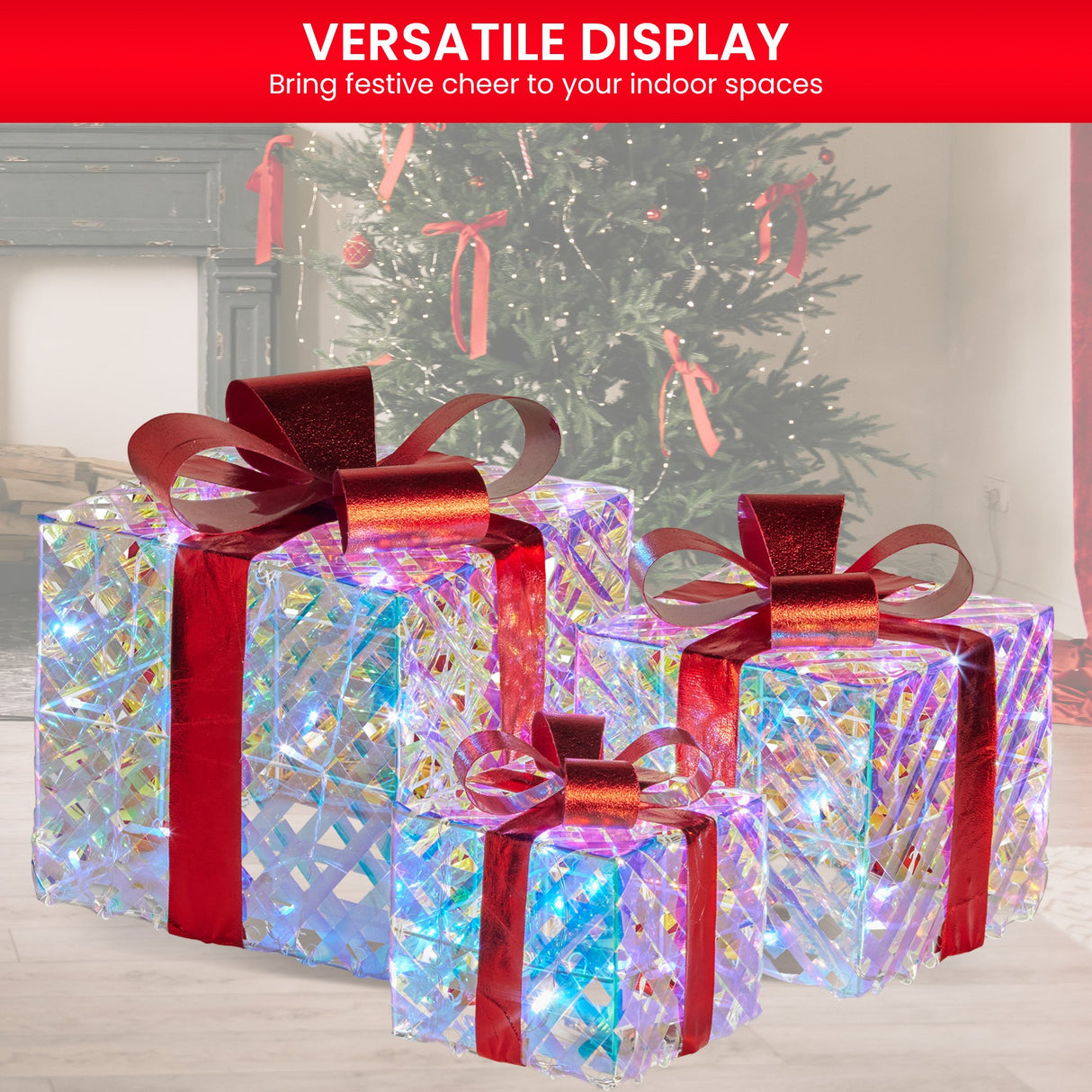 Christabelle Set of 3 Christmas Gift Boxes Display With Lights in Clear Shimmer and Red
