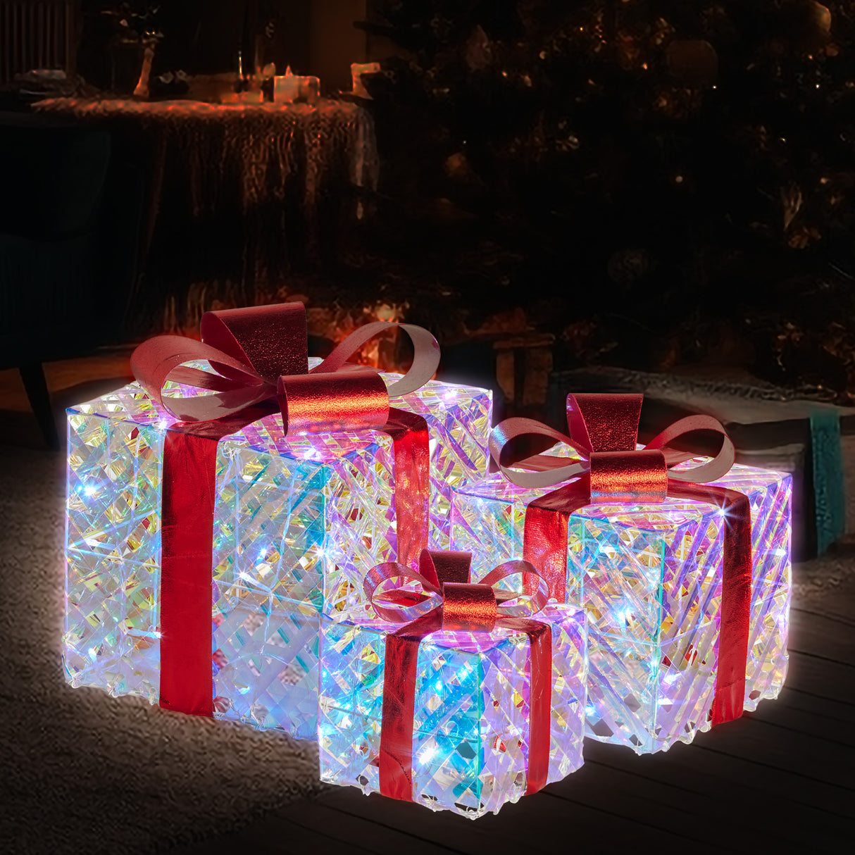 Christabelle Set of 3 Christmas Gift Boxes Display With Lights in Clear Shimmer and Red