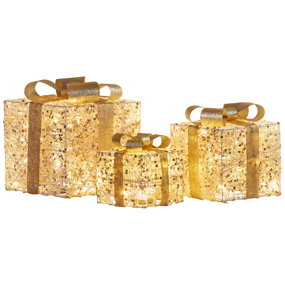 Christabelle Set of 3 Battery Operated Golden Christmas Gift Boxes w/Warm White LED Lights Indo