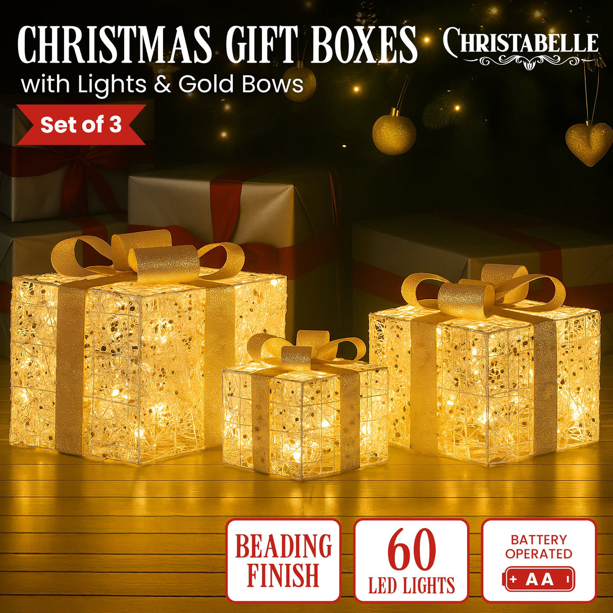 Christabelle Set of 3 Battery Operated Golden Christmas Gift Boxes w/Warm White LED Lights Indo