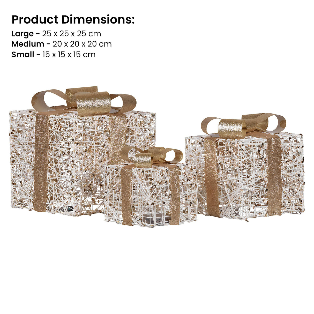 Christabelle Set of 3 Battery Operated Golden Christmas Gift Boxes w/Warm White LED Lights Indo