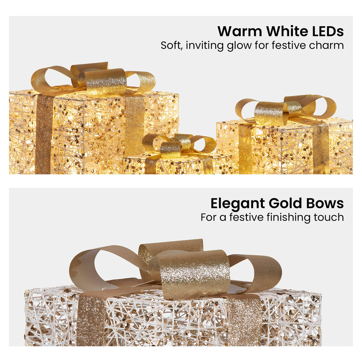 Christabelle Set of 3 Battery Operated Golden Christmas Gift Boxes w/Warm White LED Lights Indo