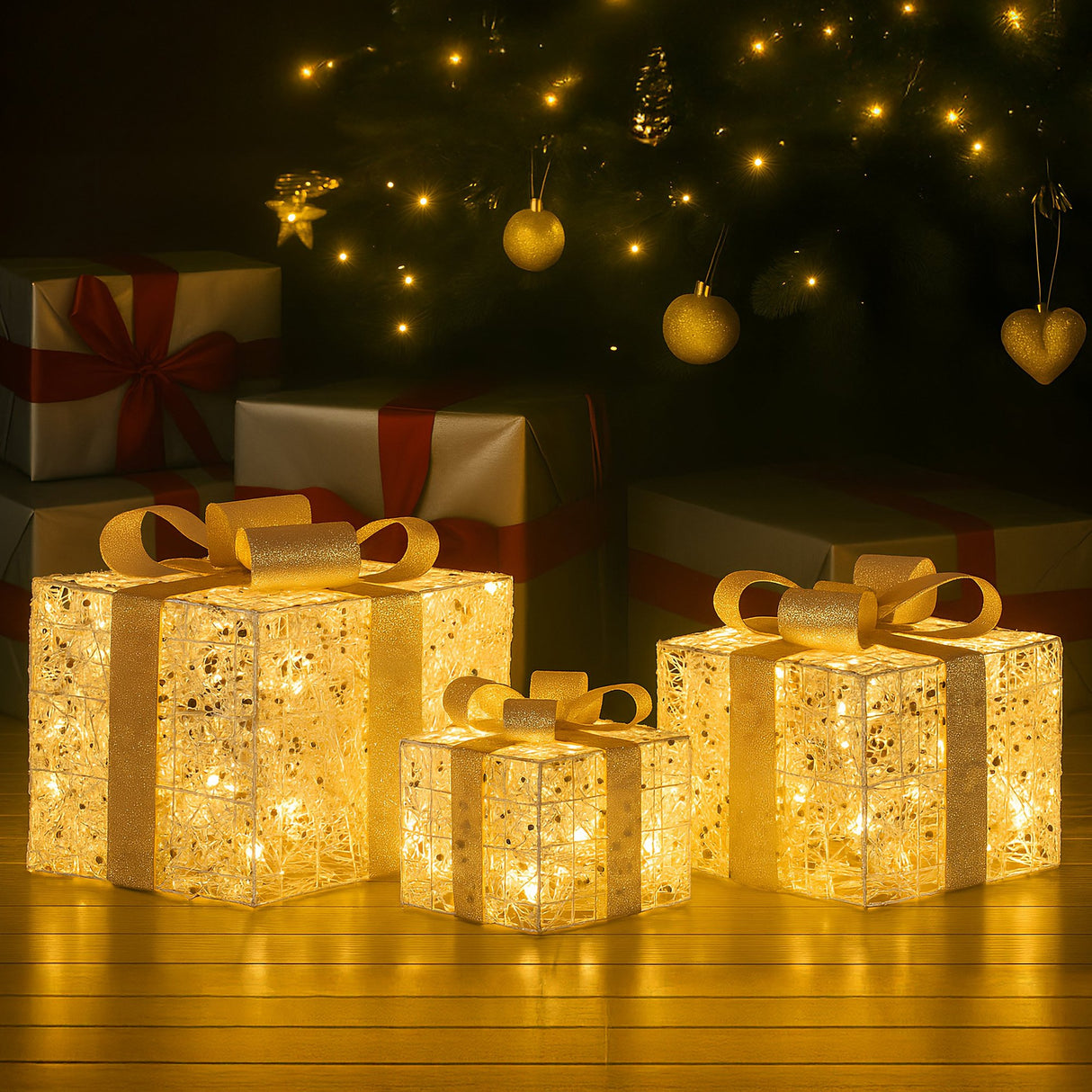Christabelle Set of 3 Battery Operated Golden Christmas Gift Boxes w/Warm White LED Lights Indo