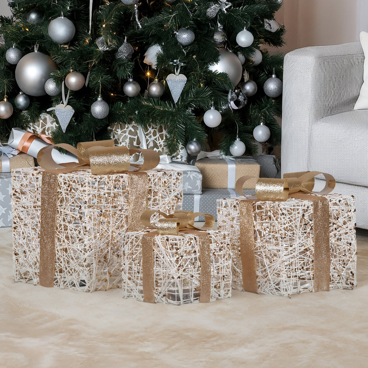 Christabelle Set of 3 Battery Operated Golden Christmas Gift Boxes w/Warm White LED Lights Indo