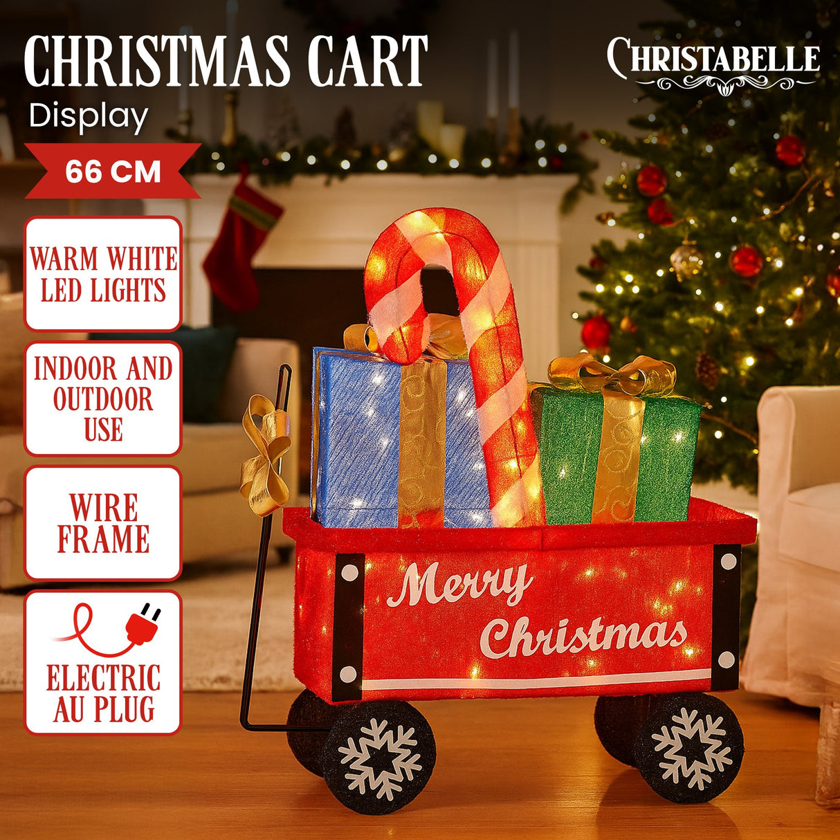 Christabelle Christmas Cart Display w/Candy Cane & Presents Warm White LED Lights Wire Frame St