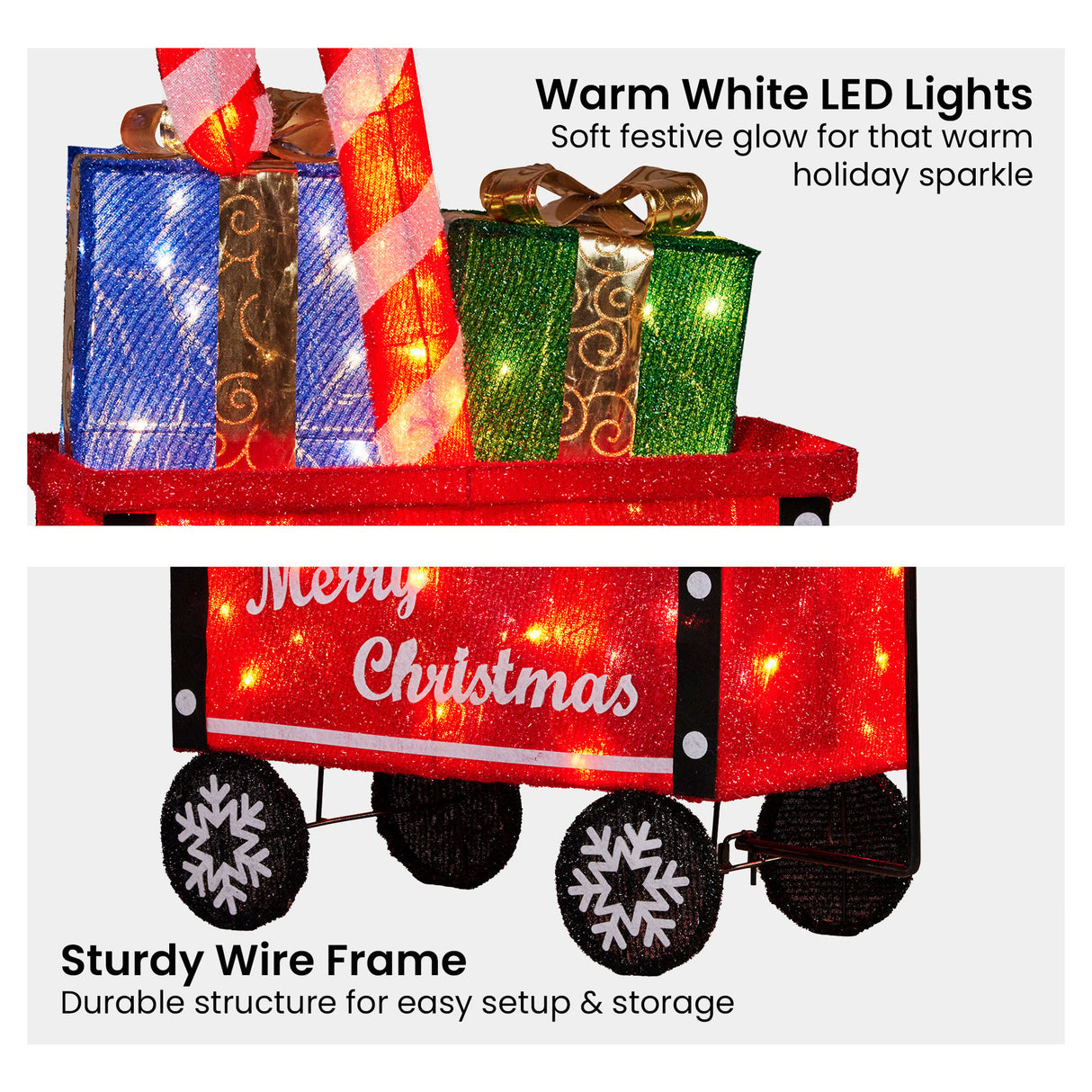 Christabelle Christmas Cart Display w/Candy Cane & Presents Warm White LED Lights Wire Frame St