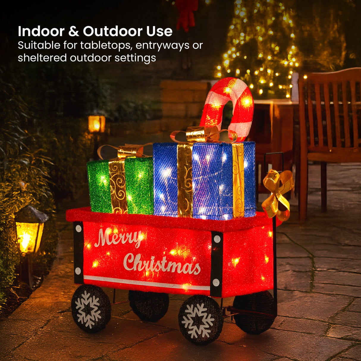 Christabelle Christmas Cart Display w/Candy Cane & Presents Warm White LED Lights Wire Frame St
