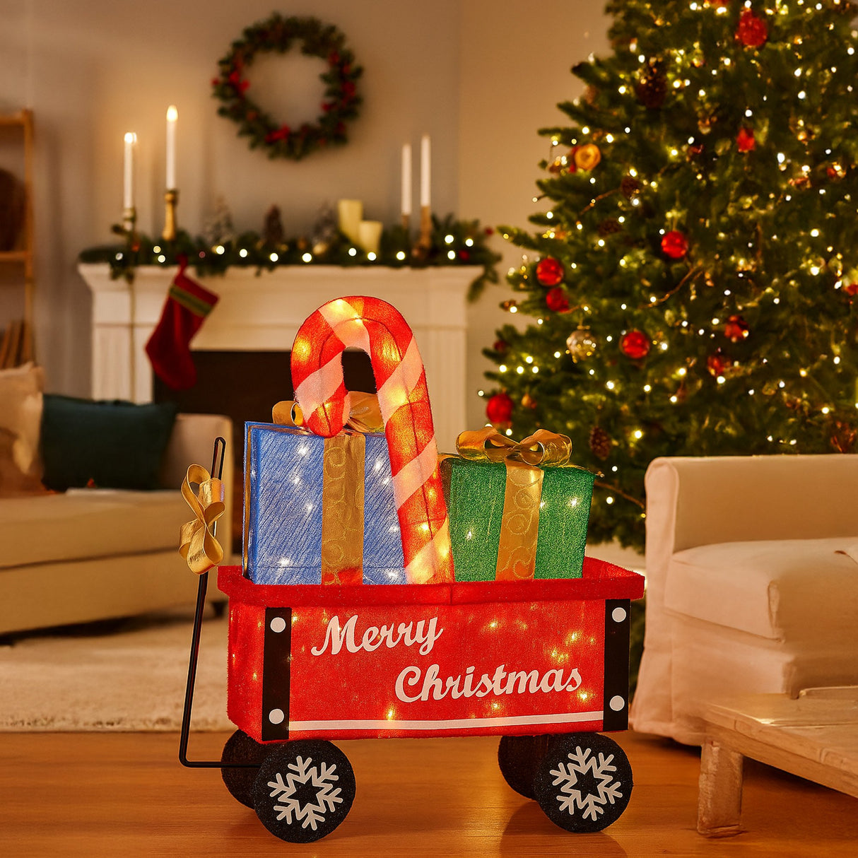 Christabelle Christmas Cart Display w/Candy Cane & Presents Warm White LED Lights Wire Frame St