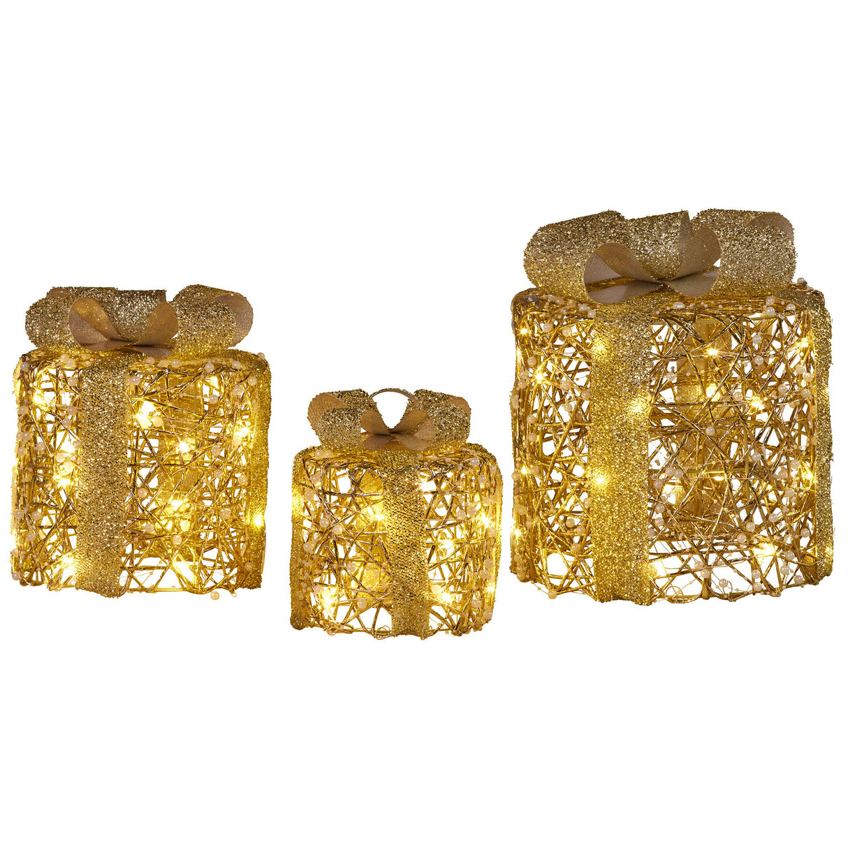 Christabelle Set of 3 Battery Operated Golden Cylindrical Christmas Gift Boxes w/Warm LED Light