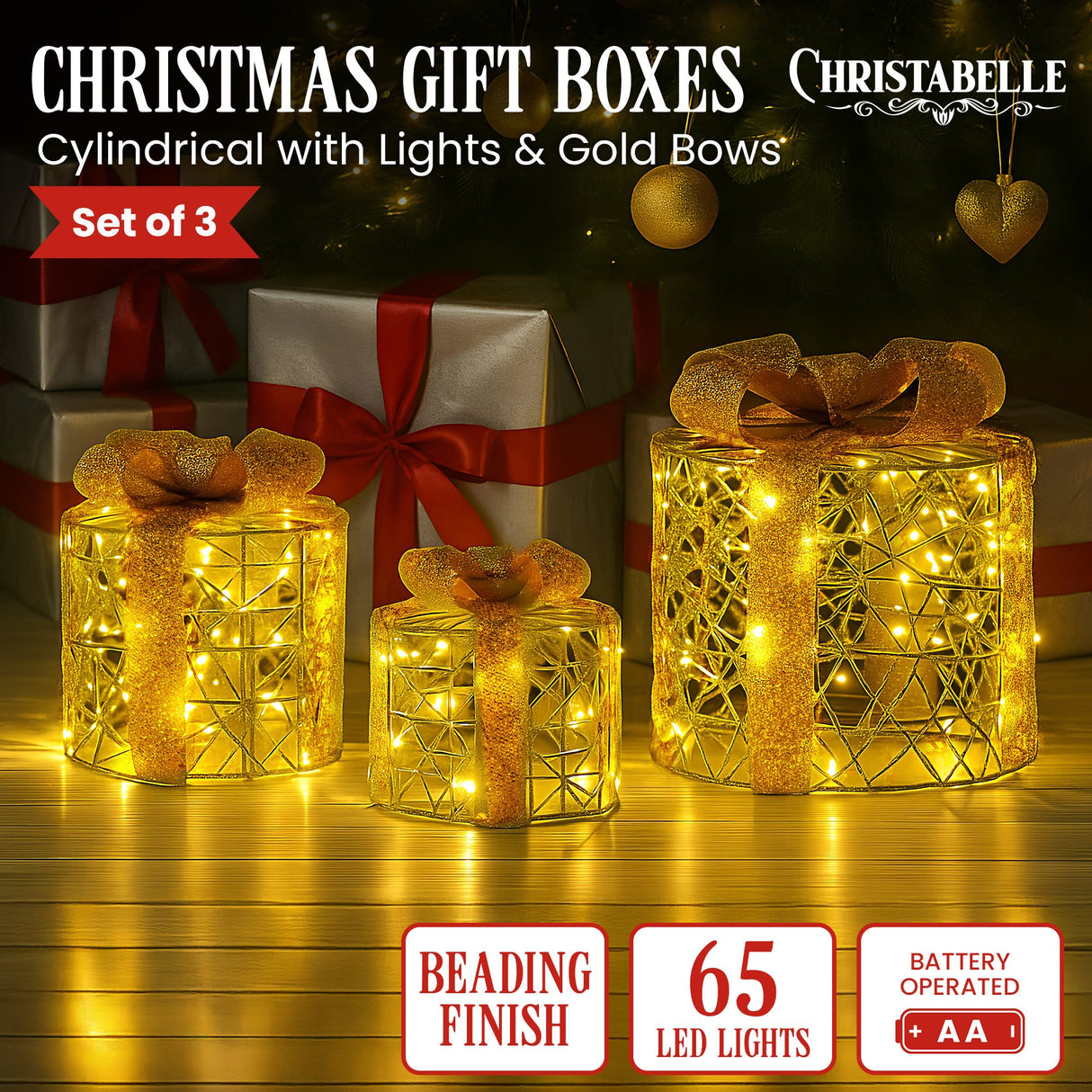 Christabelle Set of 3 Battery Operated Golden Cylindrical Christmas Gift Boxes w/Warm LED Light