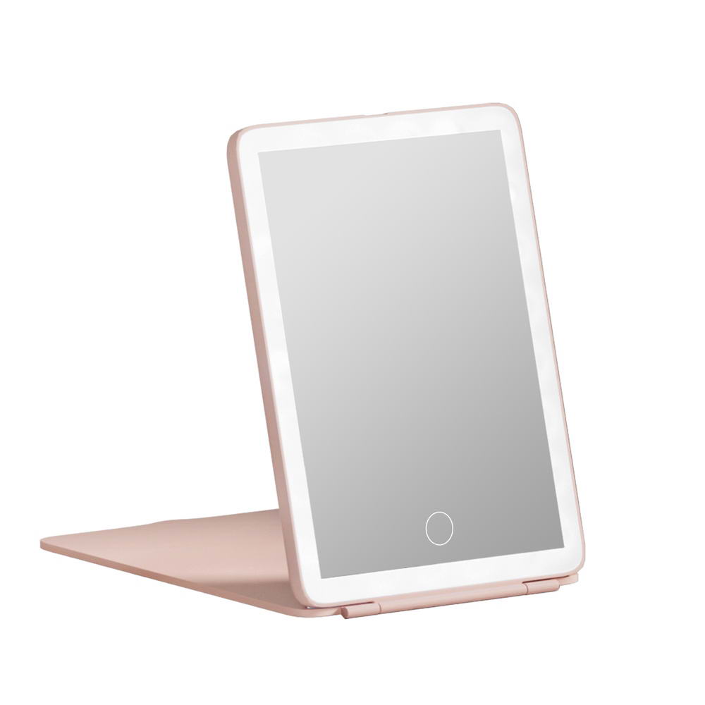 Travel-Friendly Pink LED Makeup Mirror with Customizable Brightness and Foldable Design