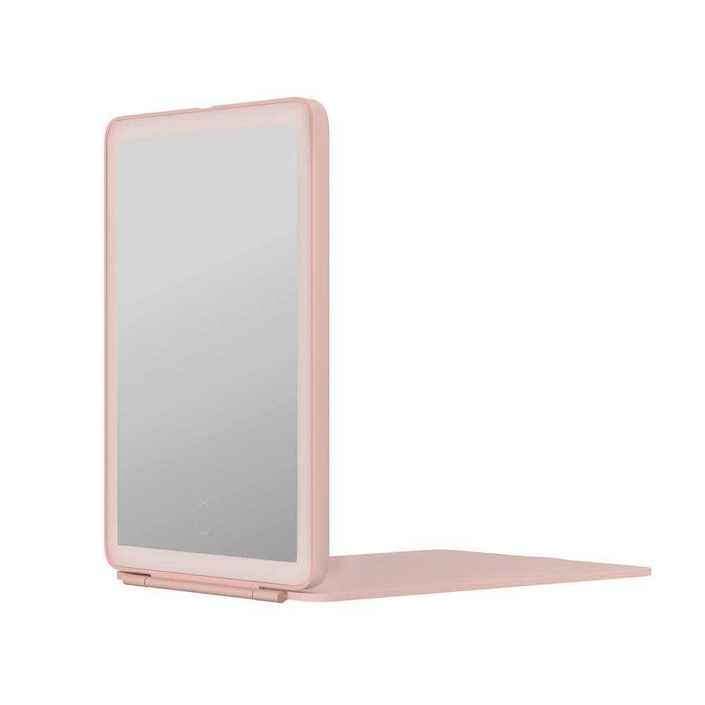 Travel-Friendly Pink LED Makeup Mirror with Customizable Brightness and Foldable Design