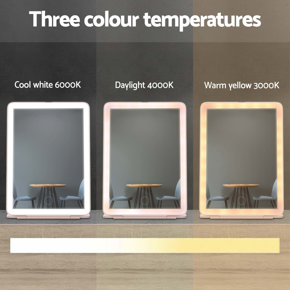 Travel-Friendly Pink LED Makeup Mirror with Customizable Brightness and Foldable Design