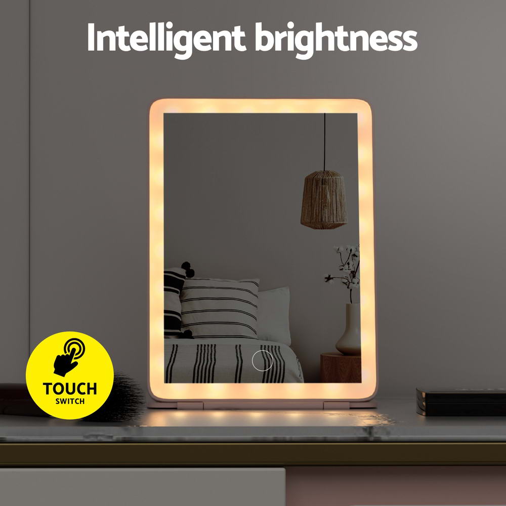 Travel-Friendly Pink LED Makeup Mirror with Customizable Brightness and Foldable Design