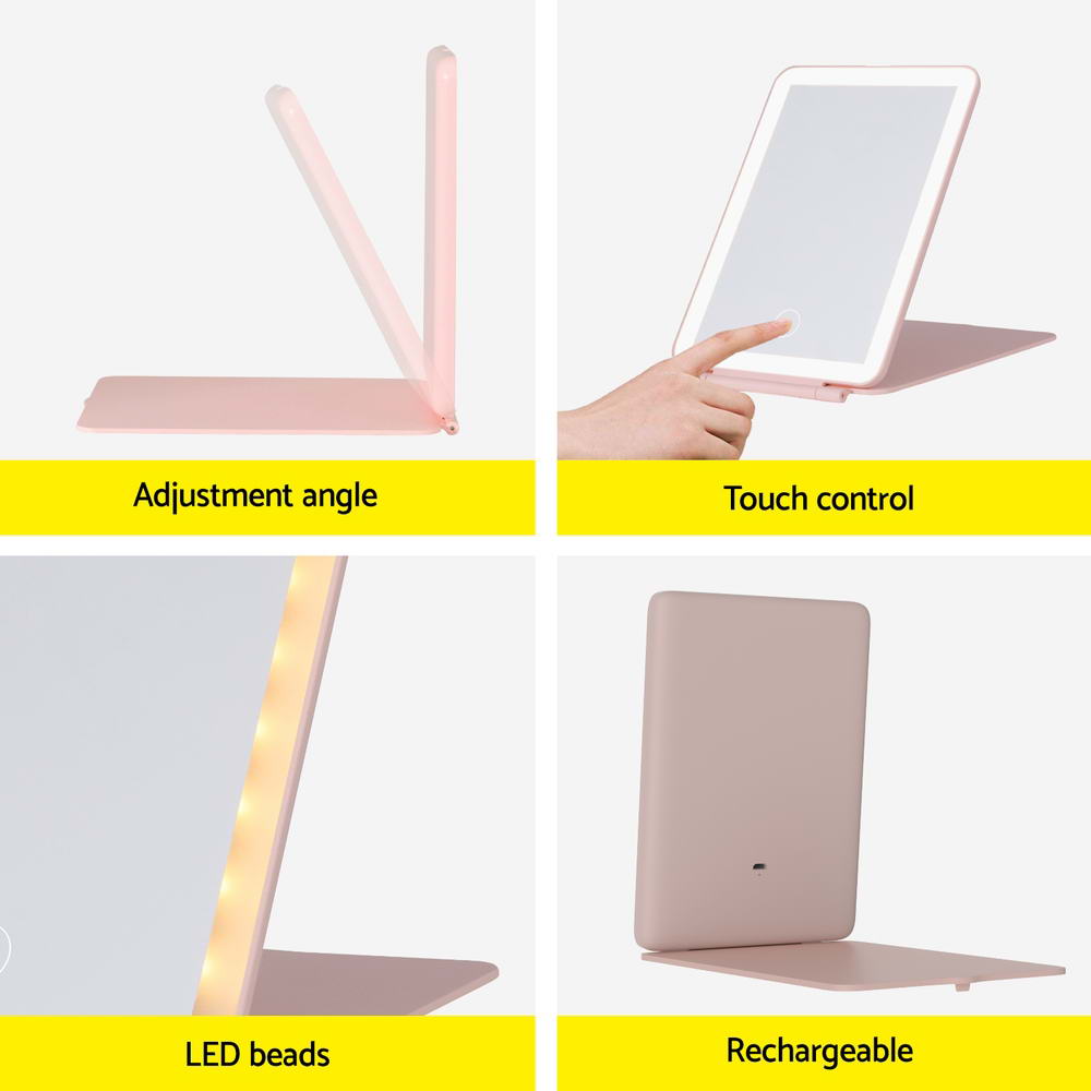 Travel-Friendly Pink LED Makeup Mirror with Customizable Brightness and Foldable Design