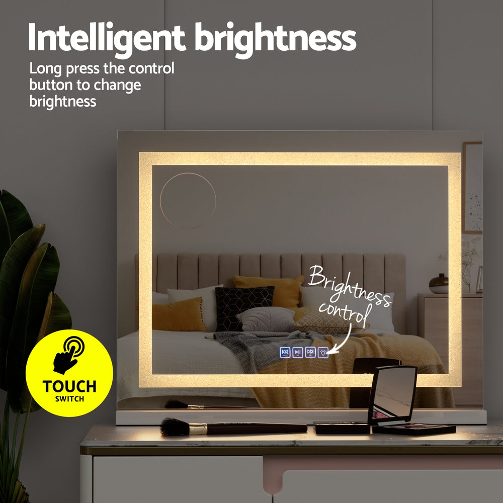 Glamour Touch Bluetooth LED Makeup Mirror with Crystal Frame - 58x46cm Hollywood Vanity