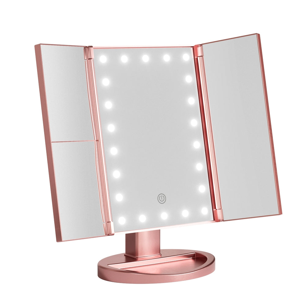 Illuminated Pink Tri-fold Makeup Mirror with 1X/2X/3X Magnification and Portable LED Light