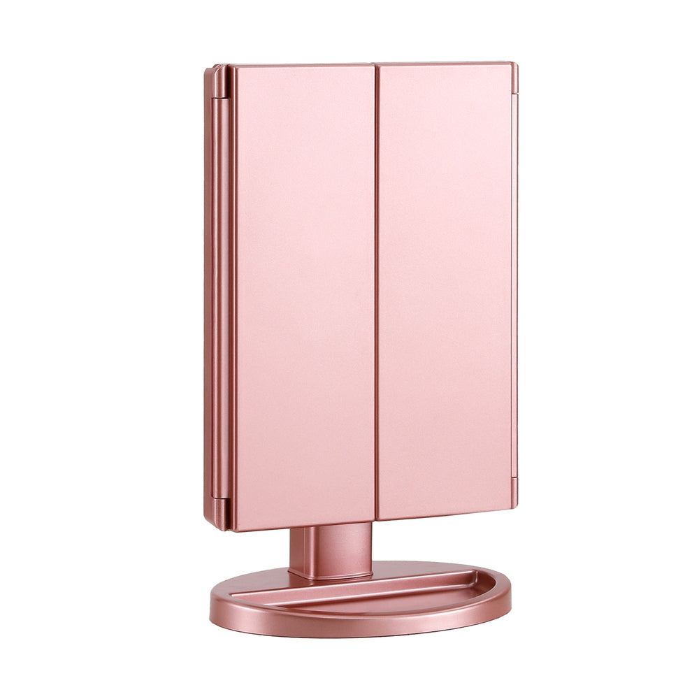 Illuminated Pink Tri-fold Makeup Mirror with 1X/2X/3X Magnification and Portable LED Light